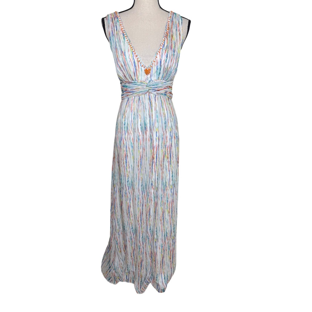 ECI Maxi Dress Silk, Beaded Empire Waist Size 10 Boho Chic, Resortwear, Flowy